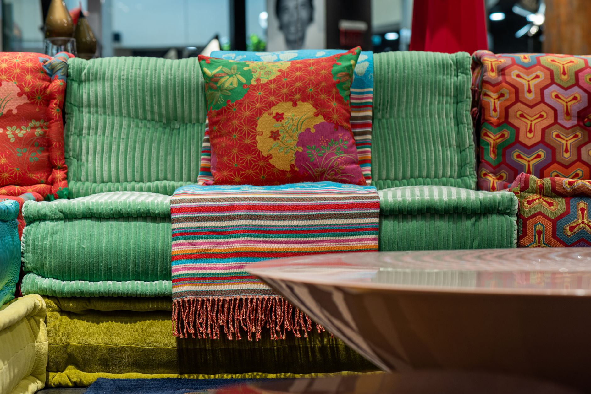 Colorful sofa with throw pillows
